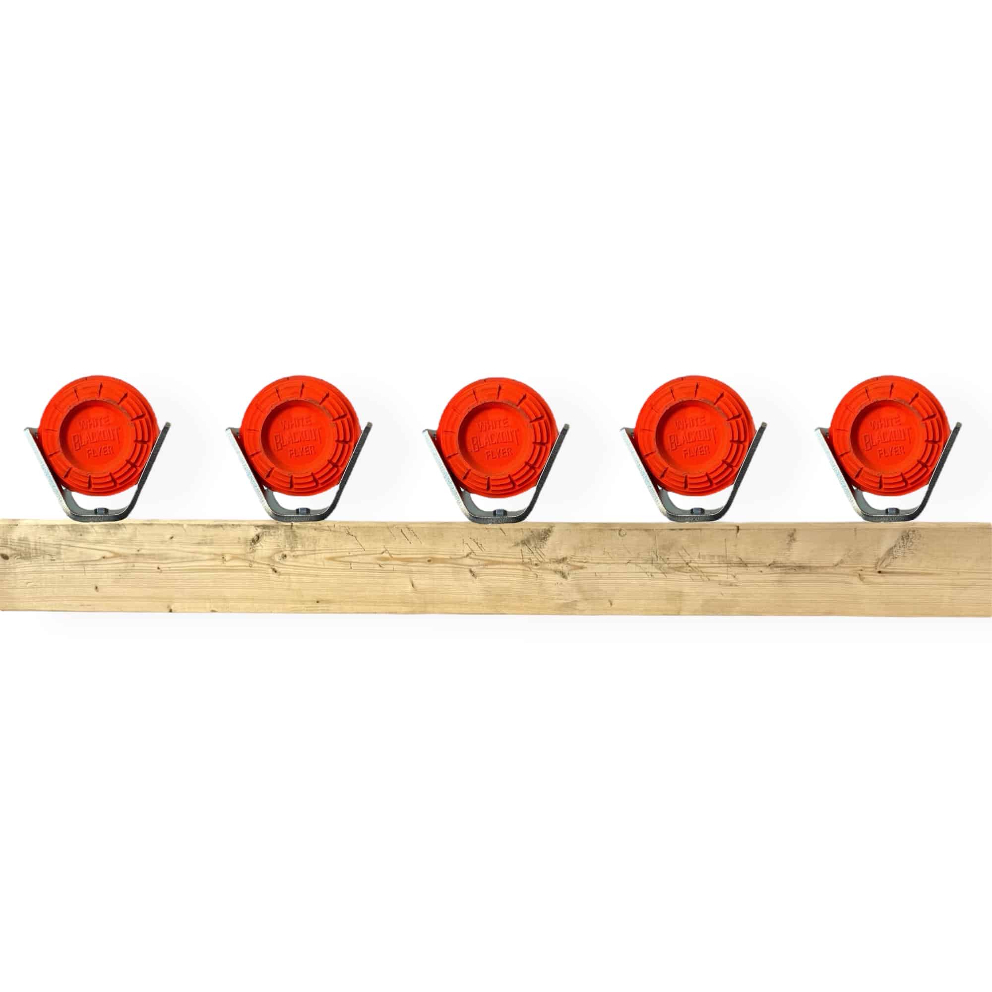 Five AR500 Clay Pigeon Brackets mounted on a horizontal 2x4 beam holding 108mm sporting clay targets